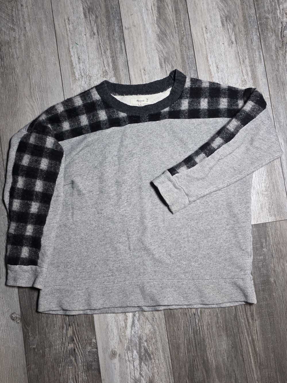 Madewell Buffalo Plaid Checkered Sleeve Crewneck Cotton Wool Blend Sweatshirt Md
